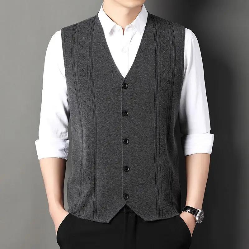 Men V‑Neck Knitted Vest Sleeveless Single Breasted Jacquard Waistcoat Casual Knit Sweater Gilet Male Daily Business Vest
