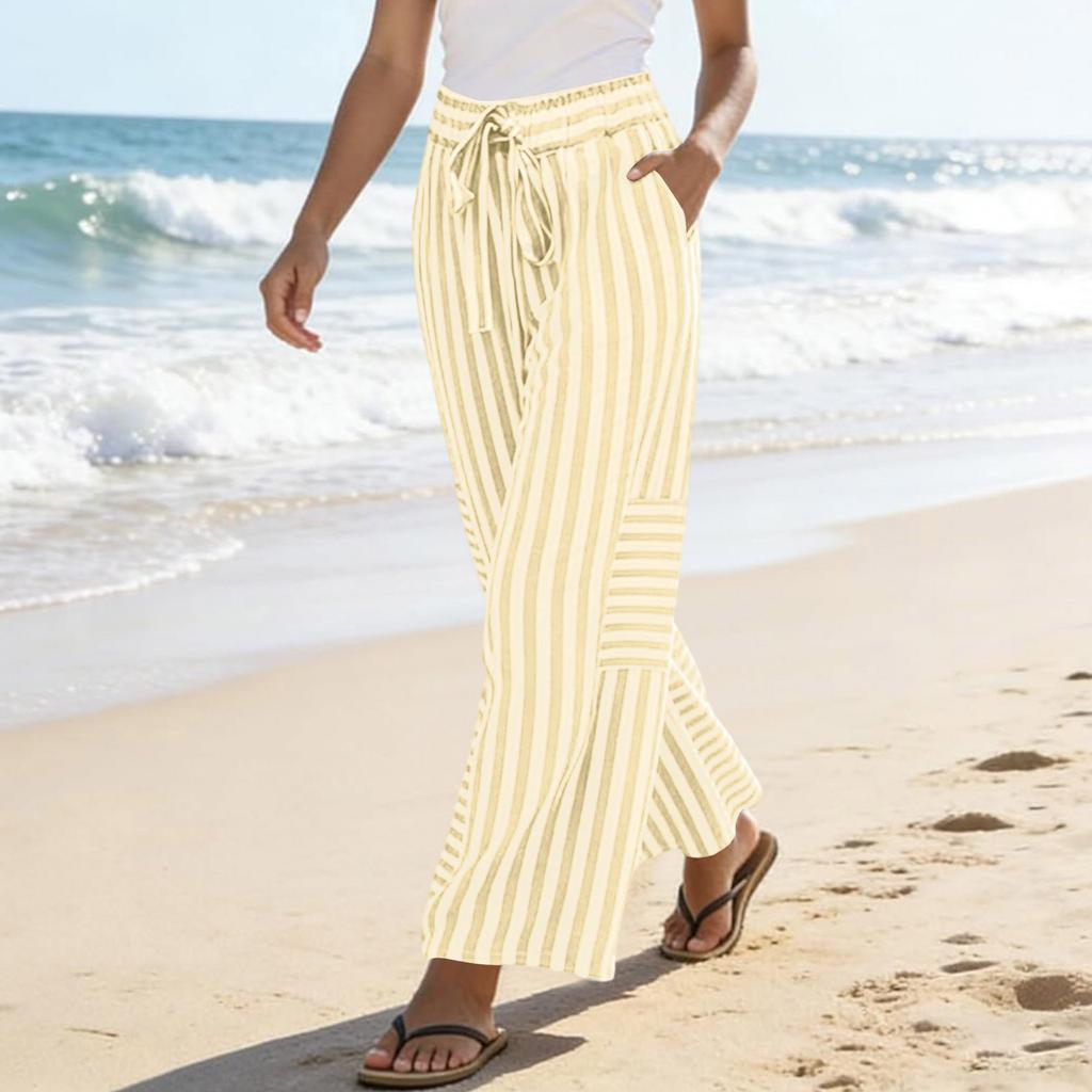 Women Striped High Waist Wide Leg Drawstring Pants Loose Fit Straight Casual Trousers with Pockets for Daily Wear