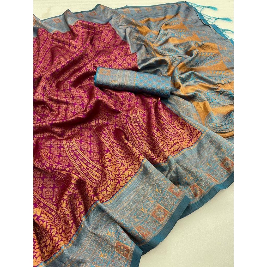 Silk Saree from the ALMAARI Store Is Adorned with Beautiful Sari Work In Form of Traditional Motifs