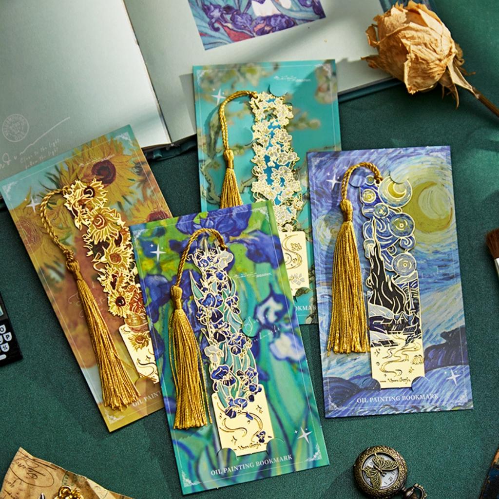 Van Gogh Oil Painting Style Bookmark Vintage Metal Book Page Book Decoration Tassels Bookmarks Student Office Supplies