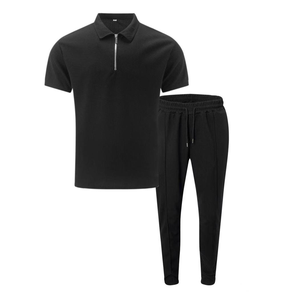Men's Breathable Polo Sportswear Set - Short Sleeve & Long Pants for Daily Commute Casual Wear