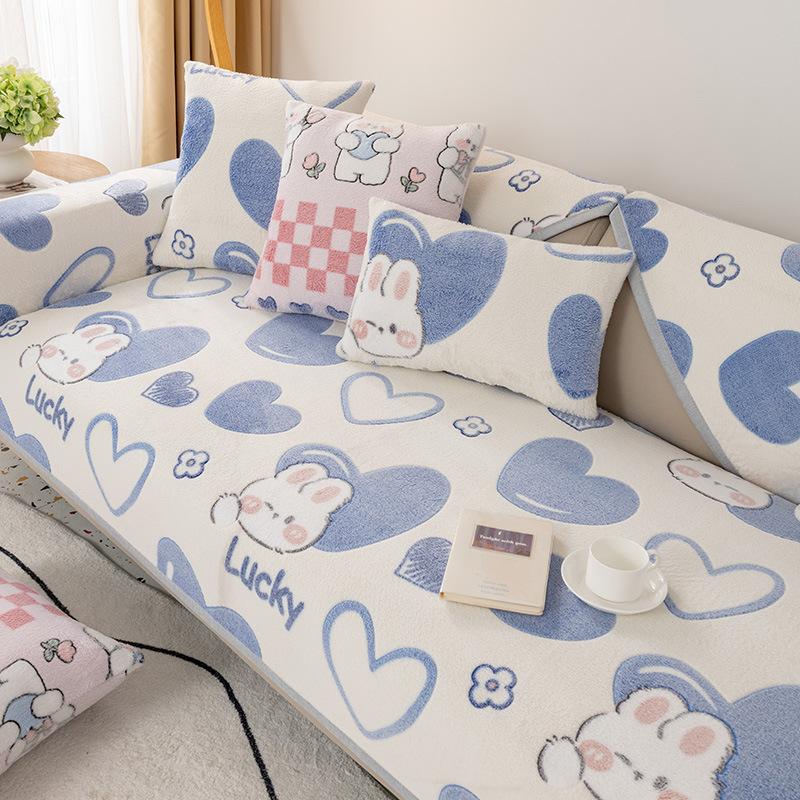 Sofa Cushion Winter Cartoon Non-Slip Cushion Cover Towel Cute Thickening Plush Sofa Cover