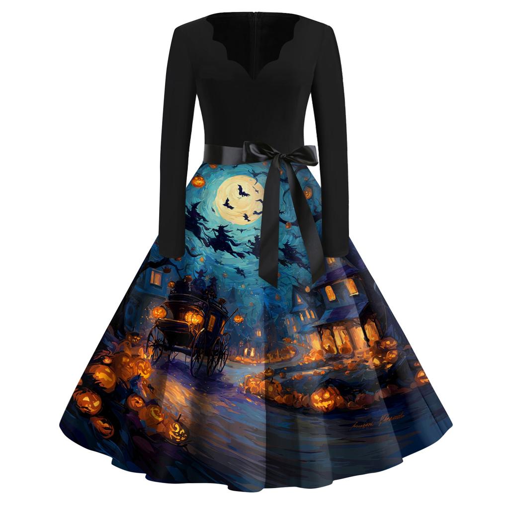 Women Casual Vintage V Neck Dress Halloween Print Long Sleeve Retro Fit and Flare Dress with Waist Tie for Everyday Wear