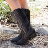 New 20 autumn and winter women's leather boots thick heel high heel medium boots pointed sleeve large size embroidered women's boots
