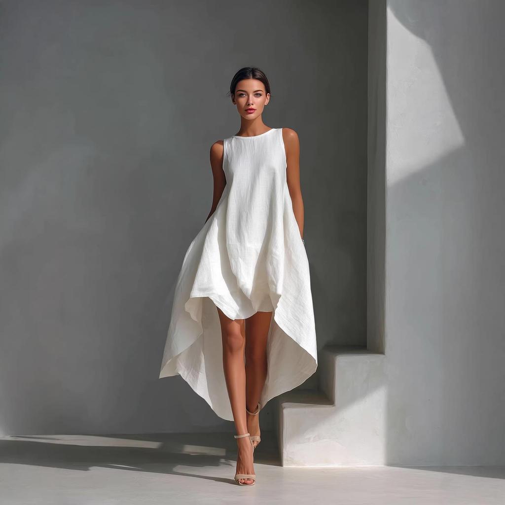 Asymmetrical Hem Sleeveless Cotton Linen Dress - Women's Spring 2026 Collection