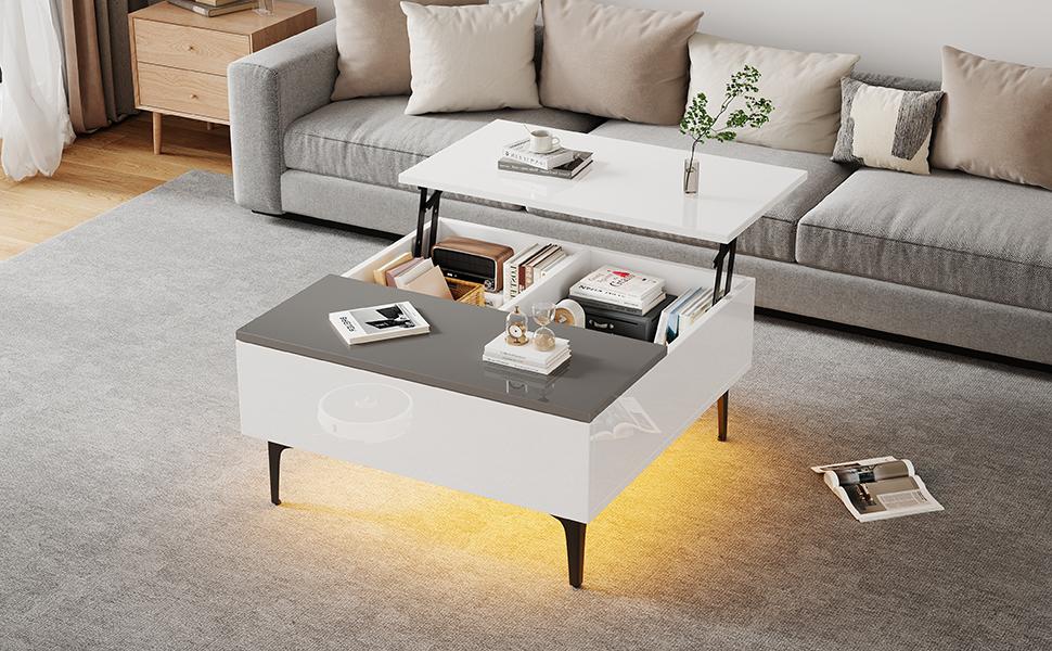 Tavolino Regolabile in Altezza 70*70*35cm con Contenitore Nascosto, Tavolo Bianco Lucido per Soggiorno, Scrivania con LED, Tavolino da Divano con Cassetti