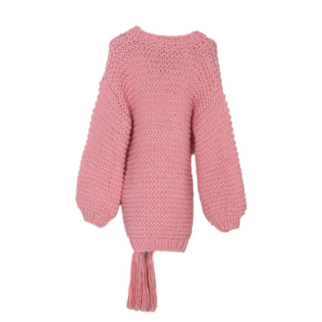 Women's European & American Style Lantern Sleeve Tassel Cardigan - Handmade, Thick, and Cozy for Fall & Winter