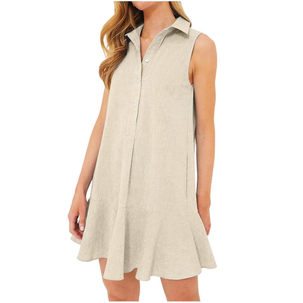 Women's Solided Lapel Sleeveless Nail Open Chest Pleated Ruffled Dress