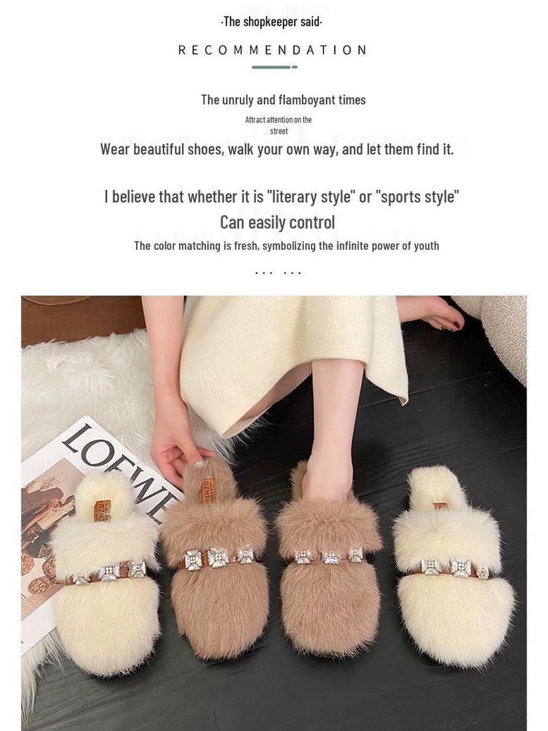Mules mit Strass und Kaninchenfell mit geschlossener Zehe für Damen, Trendiger Outdoor-Stil 2025
