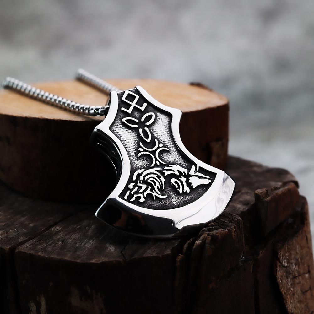 Double Wolf Head Celtic Battle Axe Pendant - Viking Rune Punk Style Titanium Steel Men's Jewelry