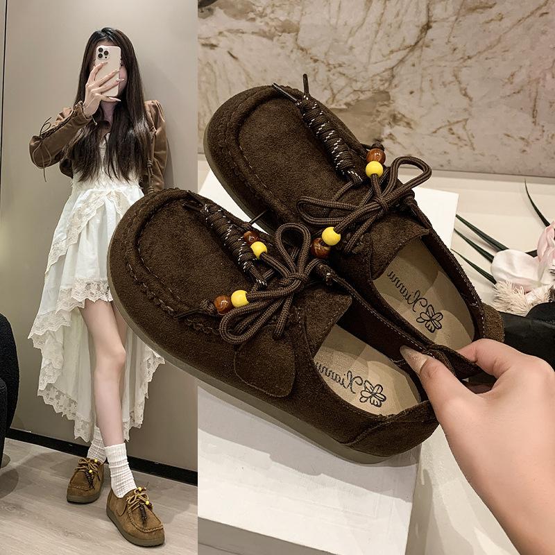 Mori retro thick-soled kangaroo shoes for women's new comfortable flat-bottomed shallow mouth showing feet, small casual loafer single shoes for women