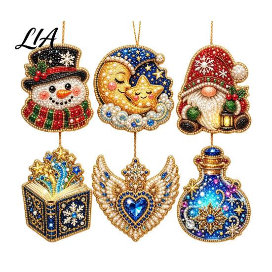 Elegant Holiday Party Supplies 6 Pcs Diamond Art Christmas Ornaments, 2D Flat Pearl Painting Timeless Seasonal Decorations Pattern Hanging Decoration