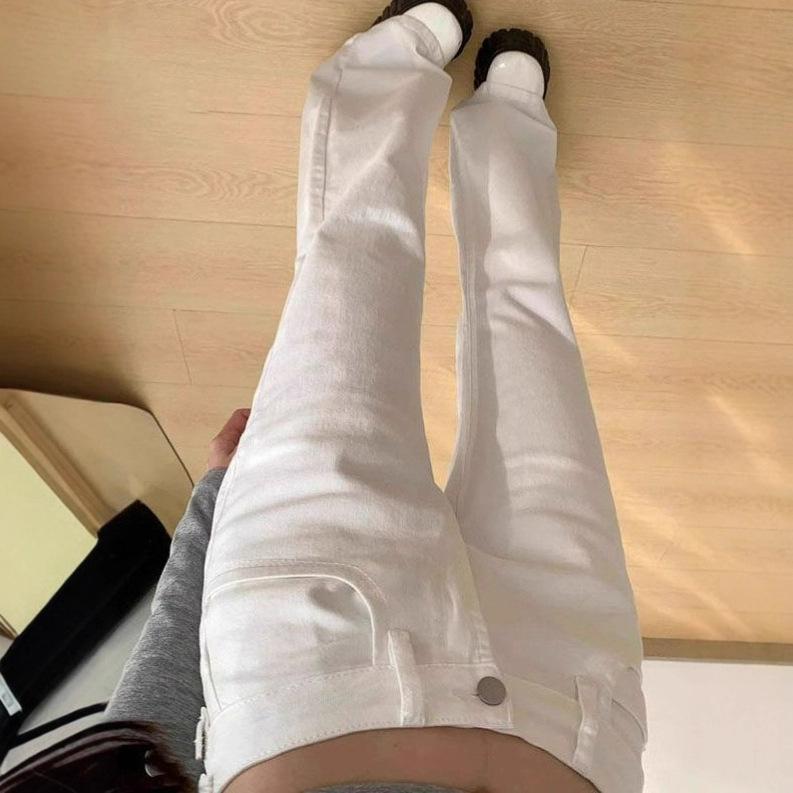 Slim White Micro Flare Jeans Female Autumn Simple High-waisted Wide-leg Skinny Leisure Straight Long Trousers Jeans for Women Long Denim Pants