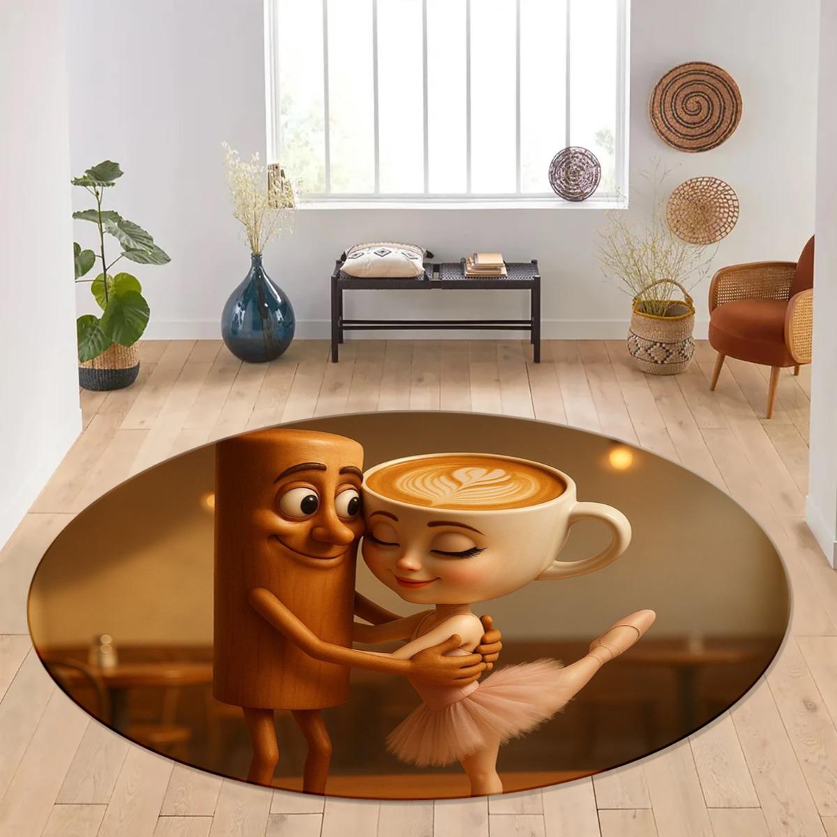 

Abstract Cartoon Pen Holder Cappuccino Round Rug, Non-slip Floor Mat for Living Room, Bedroom, Bathroom, Holiday Home Decoration 60cm
