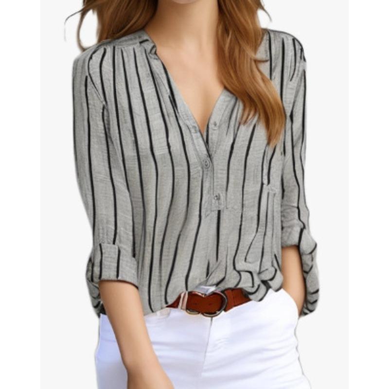 Damenhemd Frühling und Herbst Langarm Einfach Locker Lässig Bedruckte Gestreifte Hemden für Damen Stilvolle Elegante Büro Damenbluse