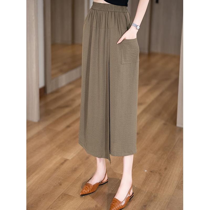 Women Thin Casual Calf Length Pants Girls Slim Fit Baggy Loose Slit Capri Pants Lady High Waisted White Coffee Black Mom Slacks
