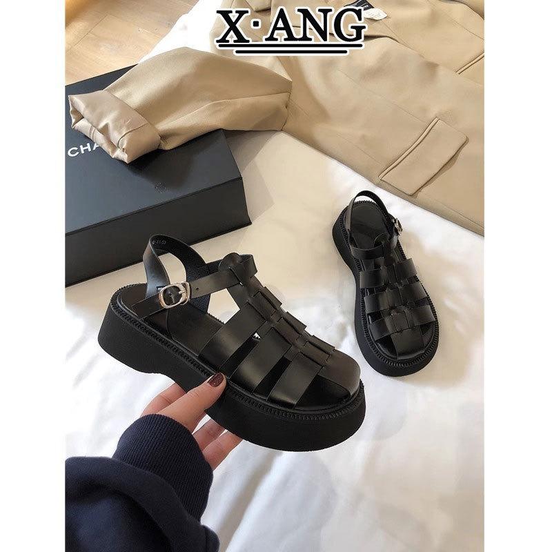 

Leather bag head sandals women s summer new muffin thick-soled woven pig cage shoes one-button beach shoes 35