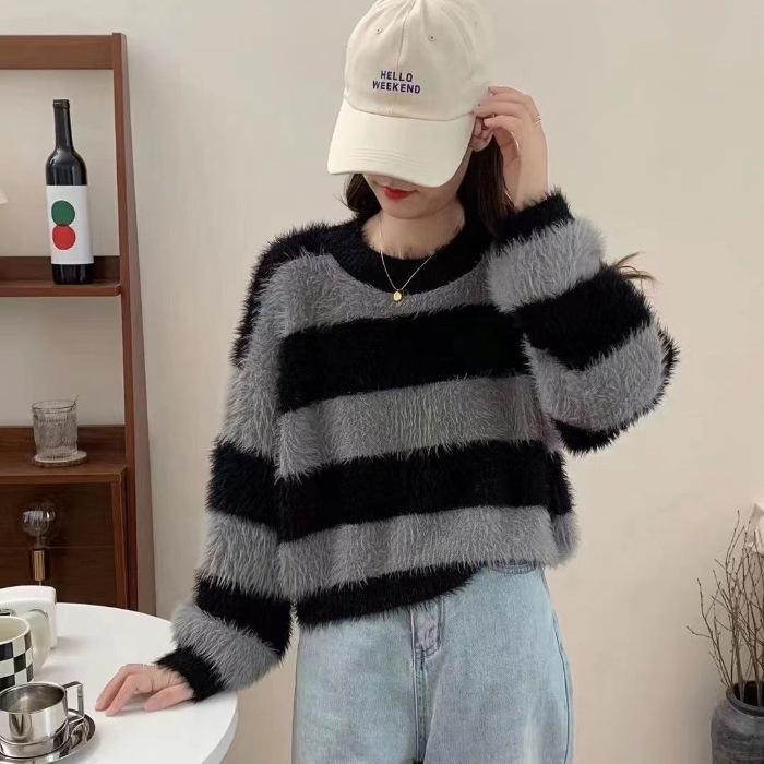 Autumn and Winter Look Thin and Wear Foreign Style Lazy Style Imitation Mink Pullover Long-sleeved Top Fashionable Retro Striped Sweater