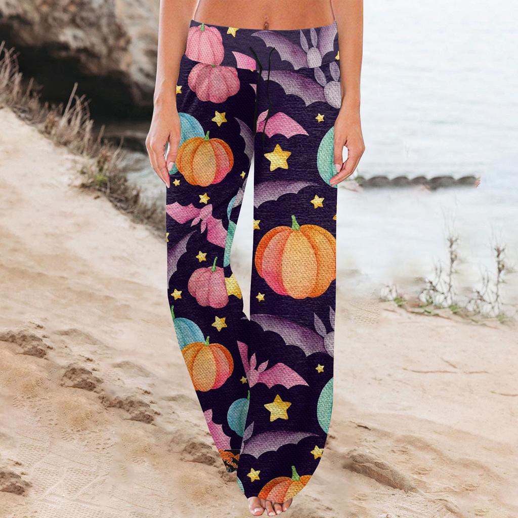 Women's Comfy Pajama Pants Halloween Print Drawstring Wide-leg Pants
