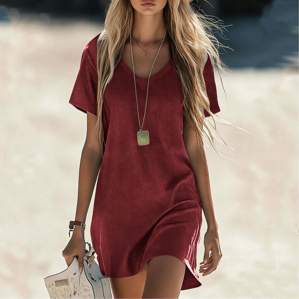 Kadın Moda Bol Kesim V Yaka Kısa Kollu Pamuk Keten Karışımı Günlük Elbise