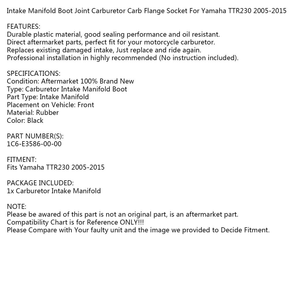 Carburetor Intake Manifold Boot Flange for Yamaha TTR230 2005-2015 1C6-E3586-00
