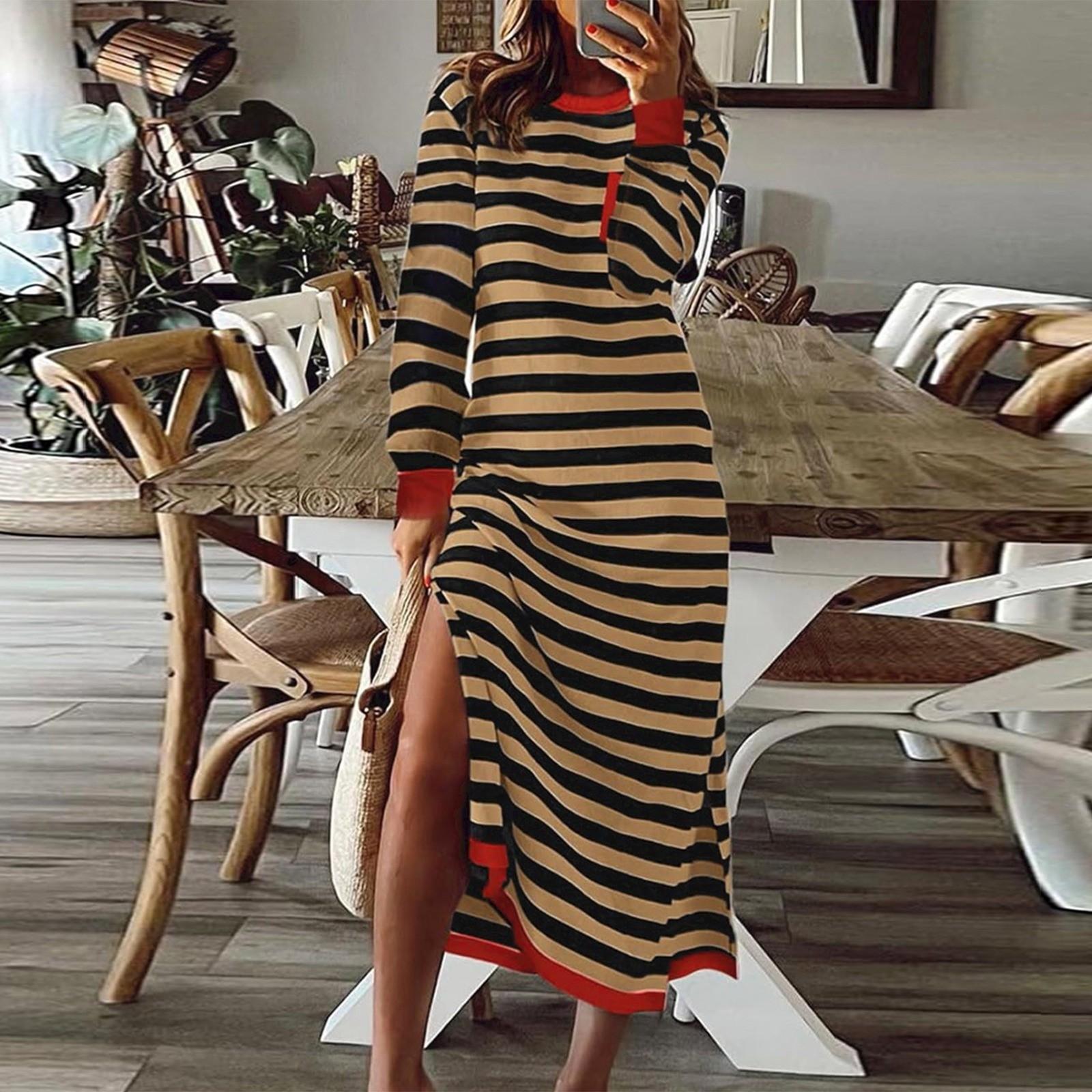 

Женские осенние свитера с длинным рукавом, топы, свитшоты с круглым вырезом, повседневные платья в стиле пэчворк L коричневый