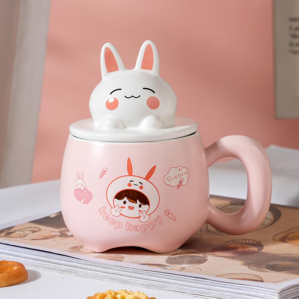 Creative Cartoon Cute Three dimensional Rabbit Ceramic Cup with Lid for Women Playing with Fun Rabbit High Looking Office Household Water Cup