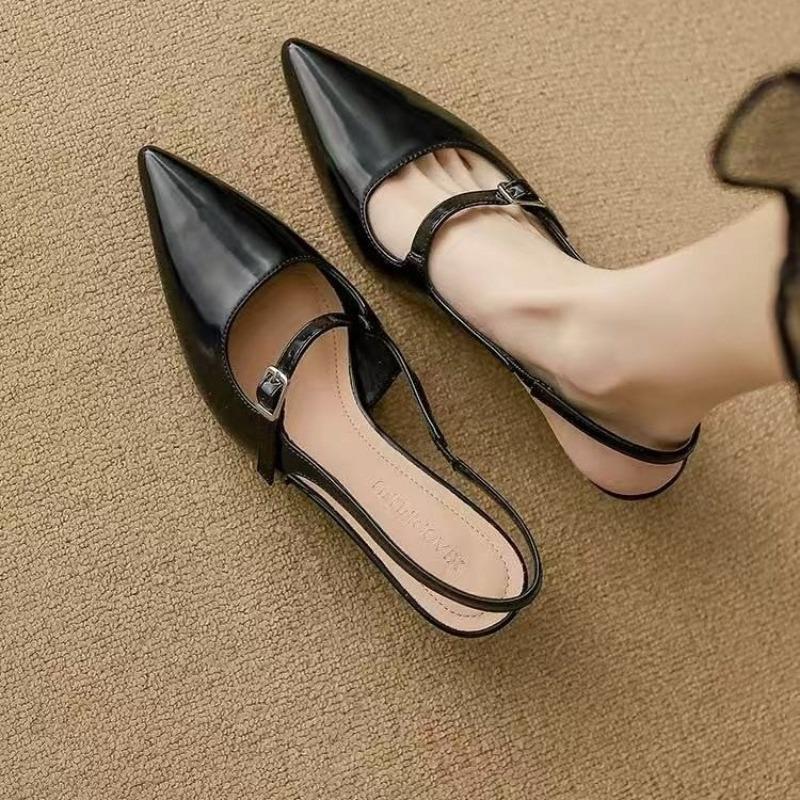 

Summer New Shallow Mouth Pointed Toe Stiletto Heel Back Empty One Word Buckle Strap High Heels Baotou Sandals Women 35 чёрный