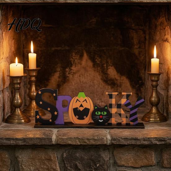 Creative Photography Props Halloween Wooden Table Sign Spooky Wicked Tiered Tray Decor Pumpkin Black Office Desk Festive Ornaments Cat Ghost Design,