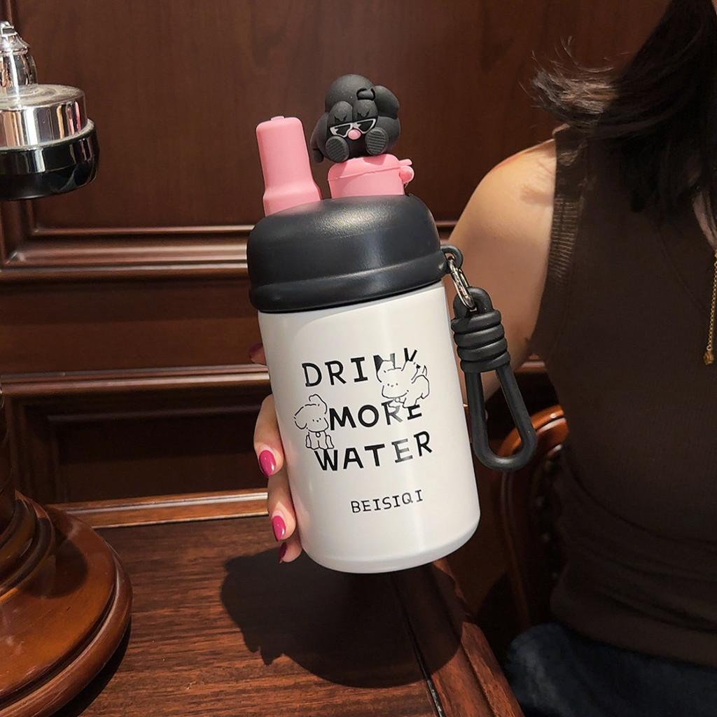 

Cartoon Student Insulated Bottle With Straw And Tea Strainer For School And Home Use чёрный