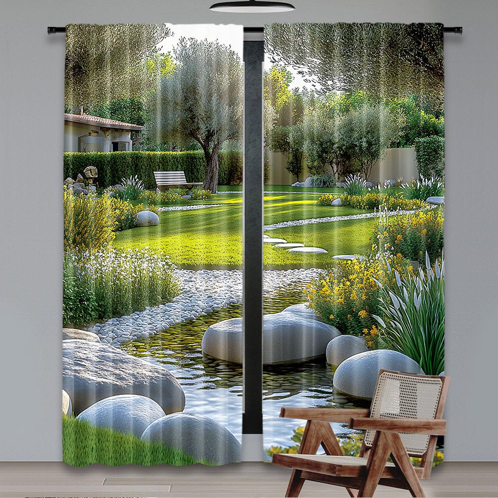 

2 шт. Садовые шторы в японском парковом стиле, рекреационный вид с прудом, травой, камнями и деревьями, пейзаж для спальни, ванной комнаты 29x65in(75x166cm)