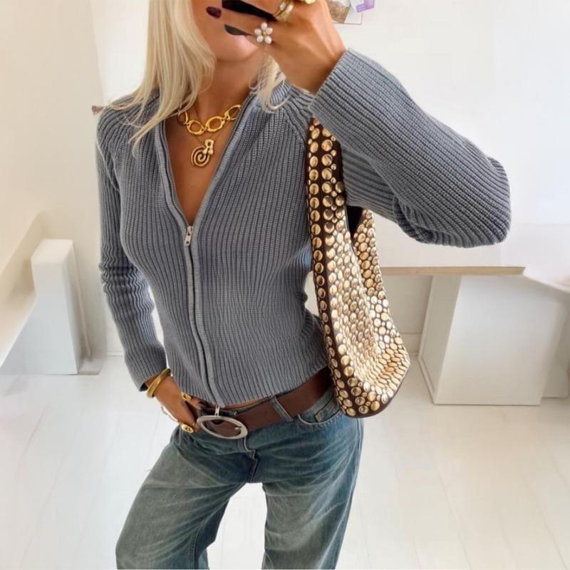 Spring Autumn Women s Grey Ribbed V Neck Full Zip Long Sleeve Cropped Cardigan S