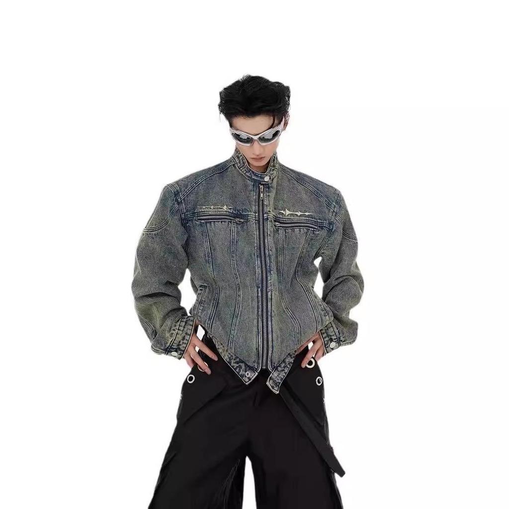Pánská trendy kovová designová retro odřená džínová patchworková bunda bez límce s ramenními vycpávkami