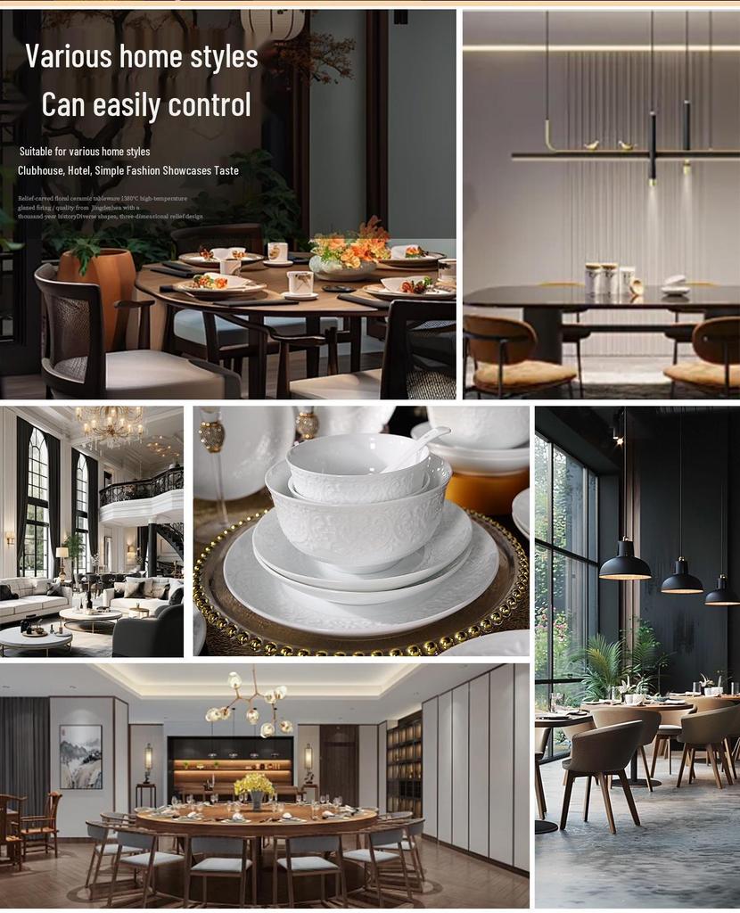 High-End Light Luxury Relief Porcelain Dinnerware Set - Simple White Design
