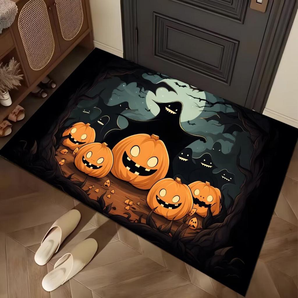 Halloween Themed Door Mat with Pumpkin Skull Reaper Pattern Non Slip Absorbent Outdoor Indoor Welcome Mat for Home Decor