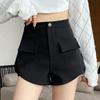 2024 Women's High-Waisted Black A-Line Casual Shorts - Fashionable Korean Wide-Leg Design for Summer