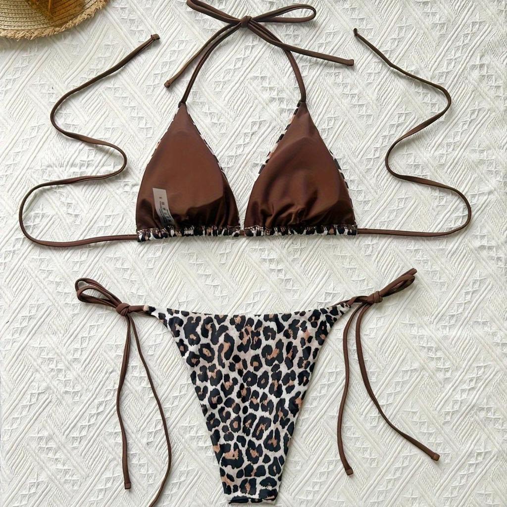 European & American Cross-Border Leopard Print Backless Bandage Bikini for Women