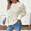 European 2026 Korean-Style Loose Round Neck Sweater with Ribbed Hem & Floral Embroidery for Women, Autumn/Winter Collection.