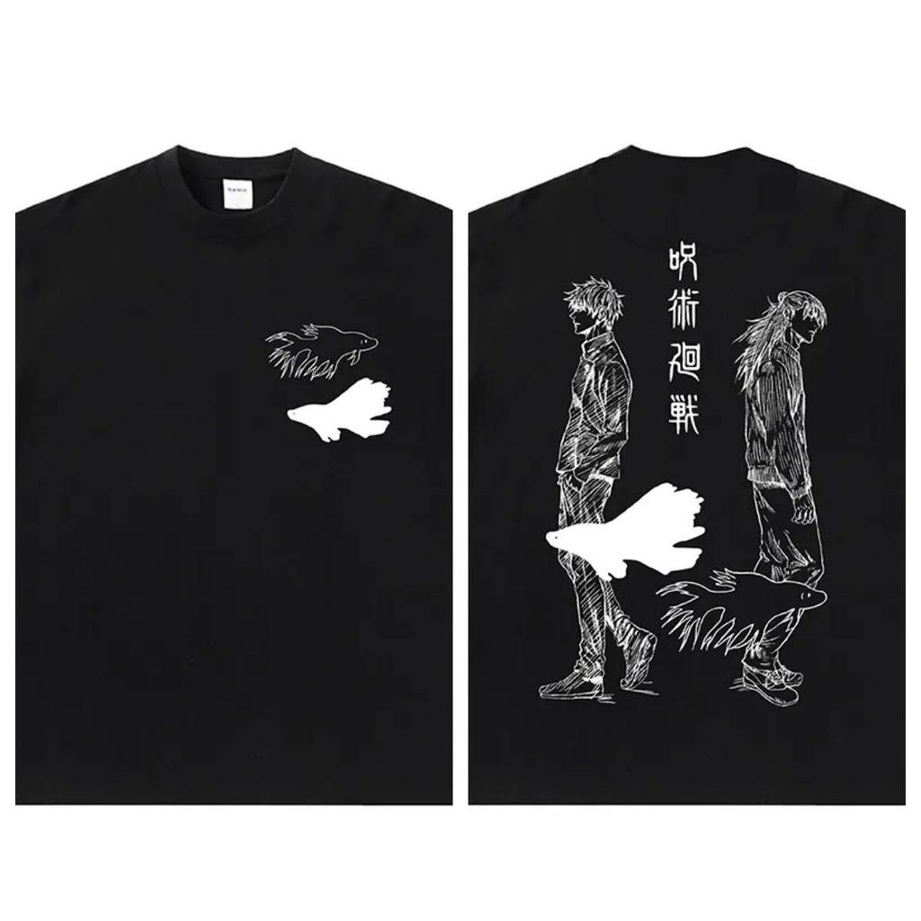 Japanese Retro Anime Spell Back To Fight Fighting Fish Short-sleeved Casual Loose T-shirt Summer Men's and Women's Streetwear