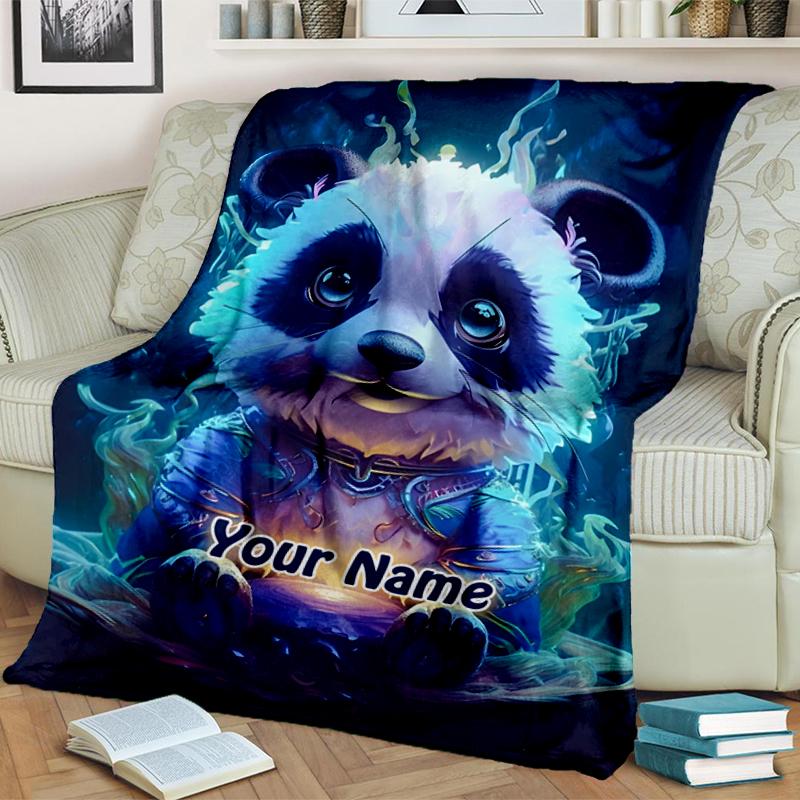 1PC Custom Name Panda Spirit Fantasy flannel blanket versatile,all-season throw suitable for the living room,bedroom,camping,travel,and gift