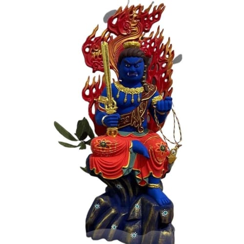 

Acala, Half-Lotus Seated Buddha Statue, Wood Carving, Zodiac Amulet, Year of the Rooster, Hinoki Wood, Painted, Wooden, Flame Halo (17cm)