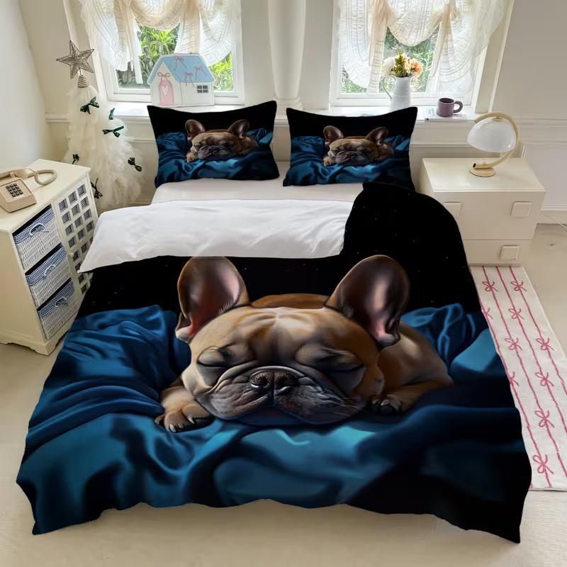

Sleeping French Bulldog Bedding Set Dog Lovers Down Duvet Cover Queen King Double Duvet Cover Pillowcase 2/3 Gift Soft Bedroom Decoration UK Single 135x200cm