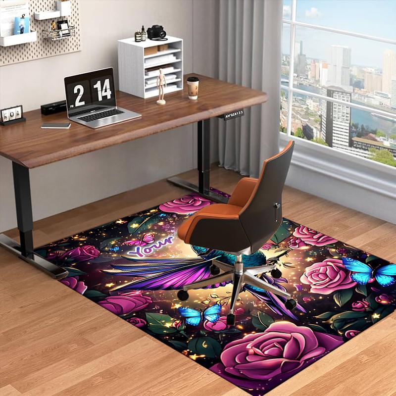 1PC Custom Name Hummingbird amidst floral enchantment. Theme Floor Mat Ideal for Living Room, Game Rooms, Office, Bedroom, Floor Mat Playful Design