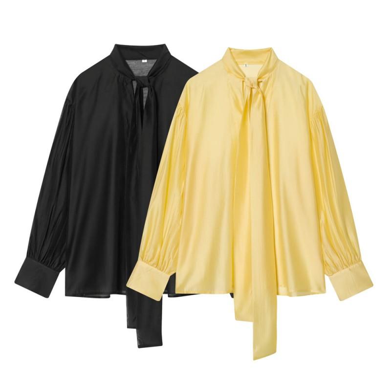 Womens Solid Color Long Sleeve Blouse With Bow Tie Collar Loose Fit Office Casual Shirt