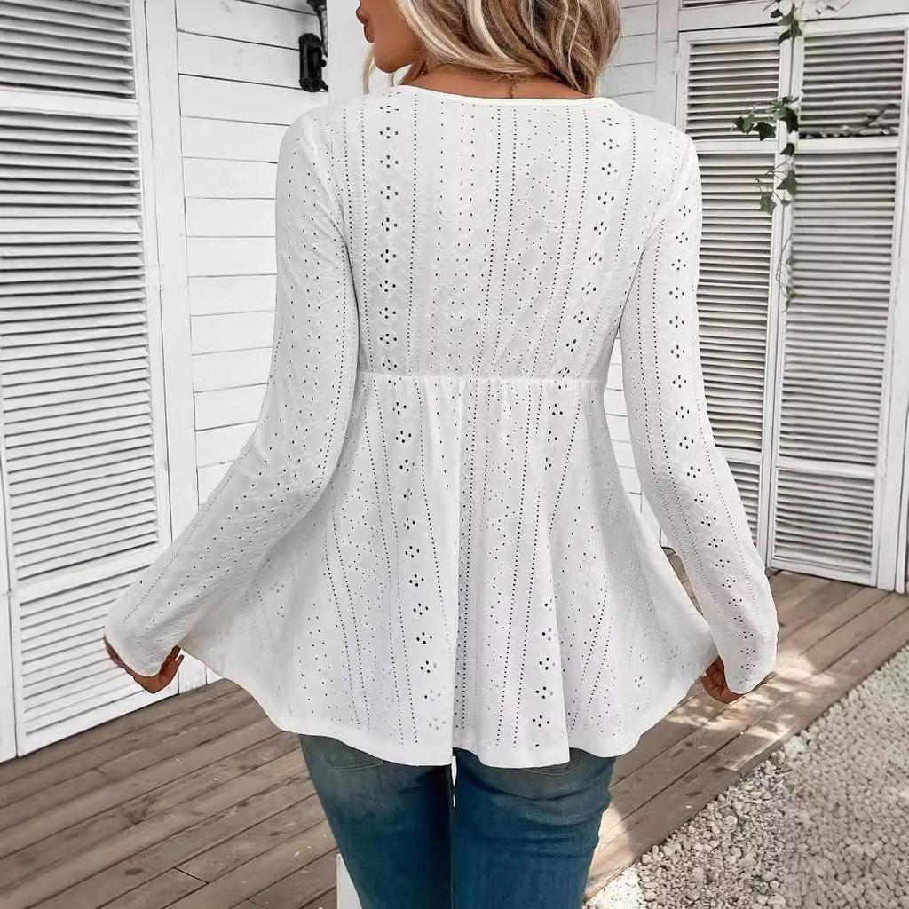 European & American Elegant V-Neck Lace Spliced Long-Sleeve Top for Women - Autumn 2025 Collection