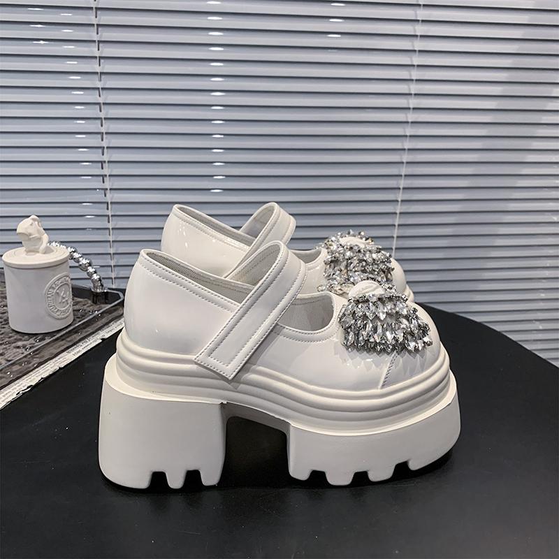 Fashion 10cm New Microfiber Leather Designer Platform Wedge Round Toe Pumps Crystal Flats Hook Women Fashion Mary Jane Loafer Shoes