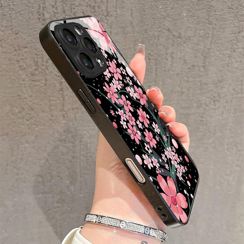 Pink Sakura Floral Pattern Tempered Glass Phone Case For iPhone 17 16 15 14 13 12 11 Pro Max 17Air 16E 7 8 Plus XR XS X Cover