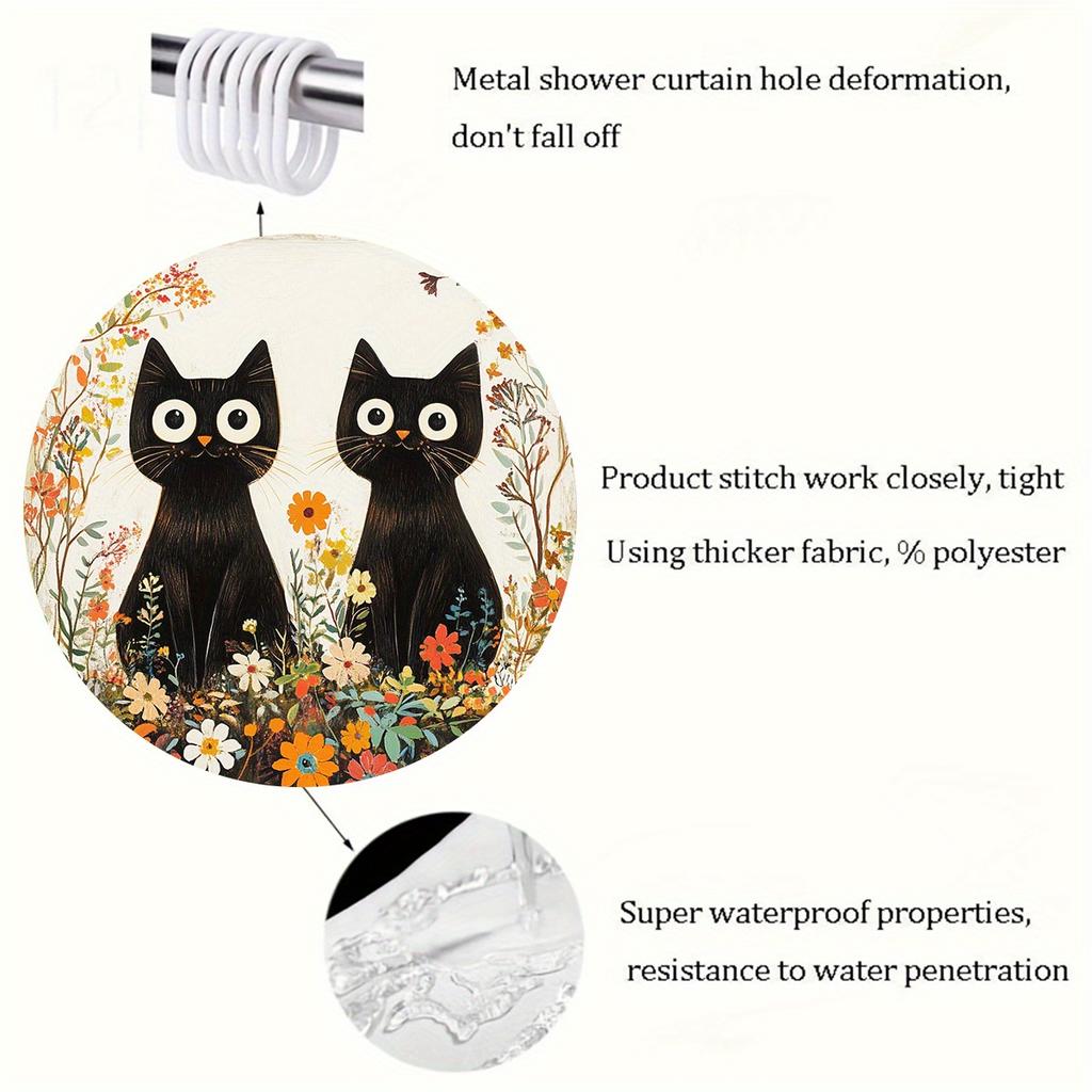 1 Charming Cat Floral Shower Curtain - Polyester, Machine Washable, With Hooks, Vibrant Black Cat And Colorful Flowers Pattern