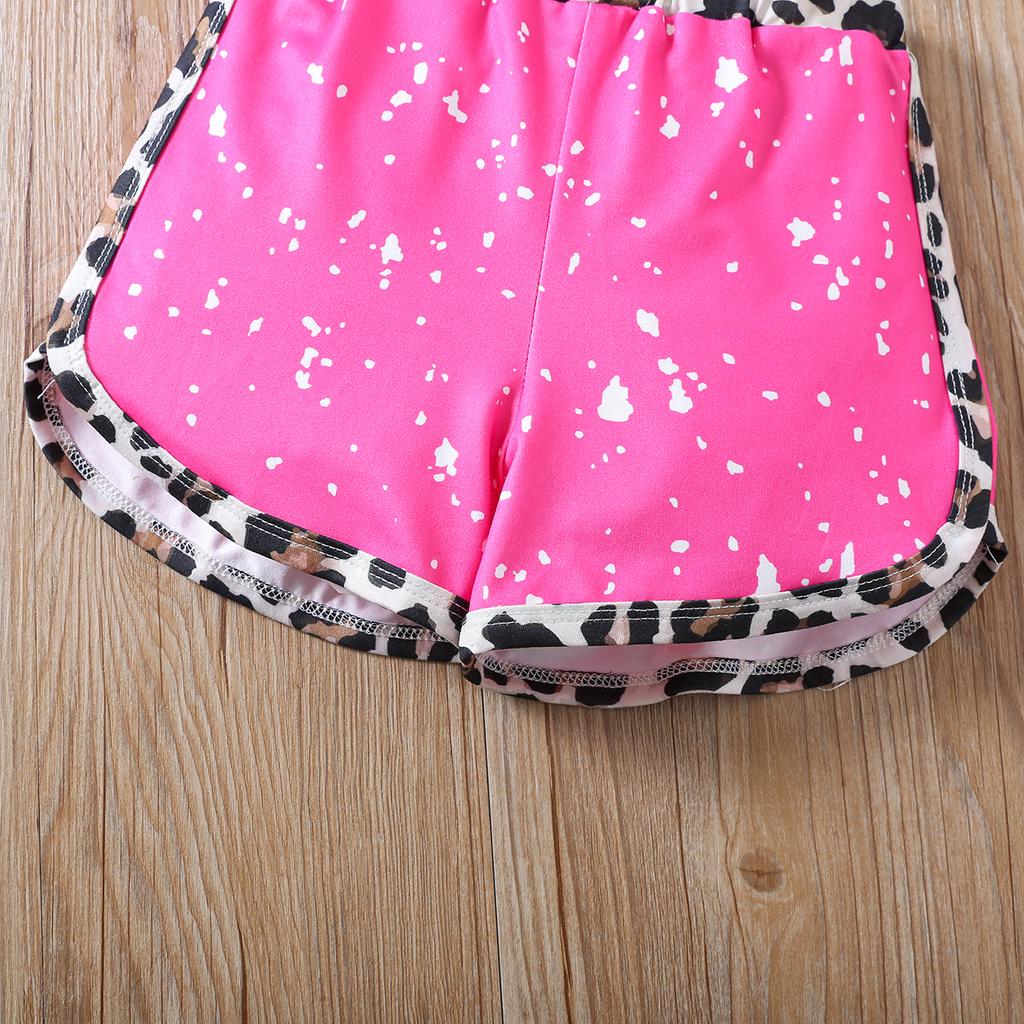 Girls Summer Two-piece Outfit Rainbow Snowflake Leopard Print Spliced Top and Shorts Casual Set