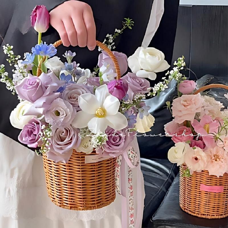 French Flower Basket Handmade Woven Flower Baskets Hand Basket for Carnation Rose Peony Wedding Mother's Day Gift